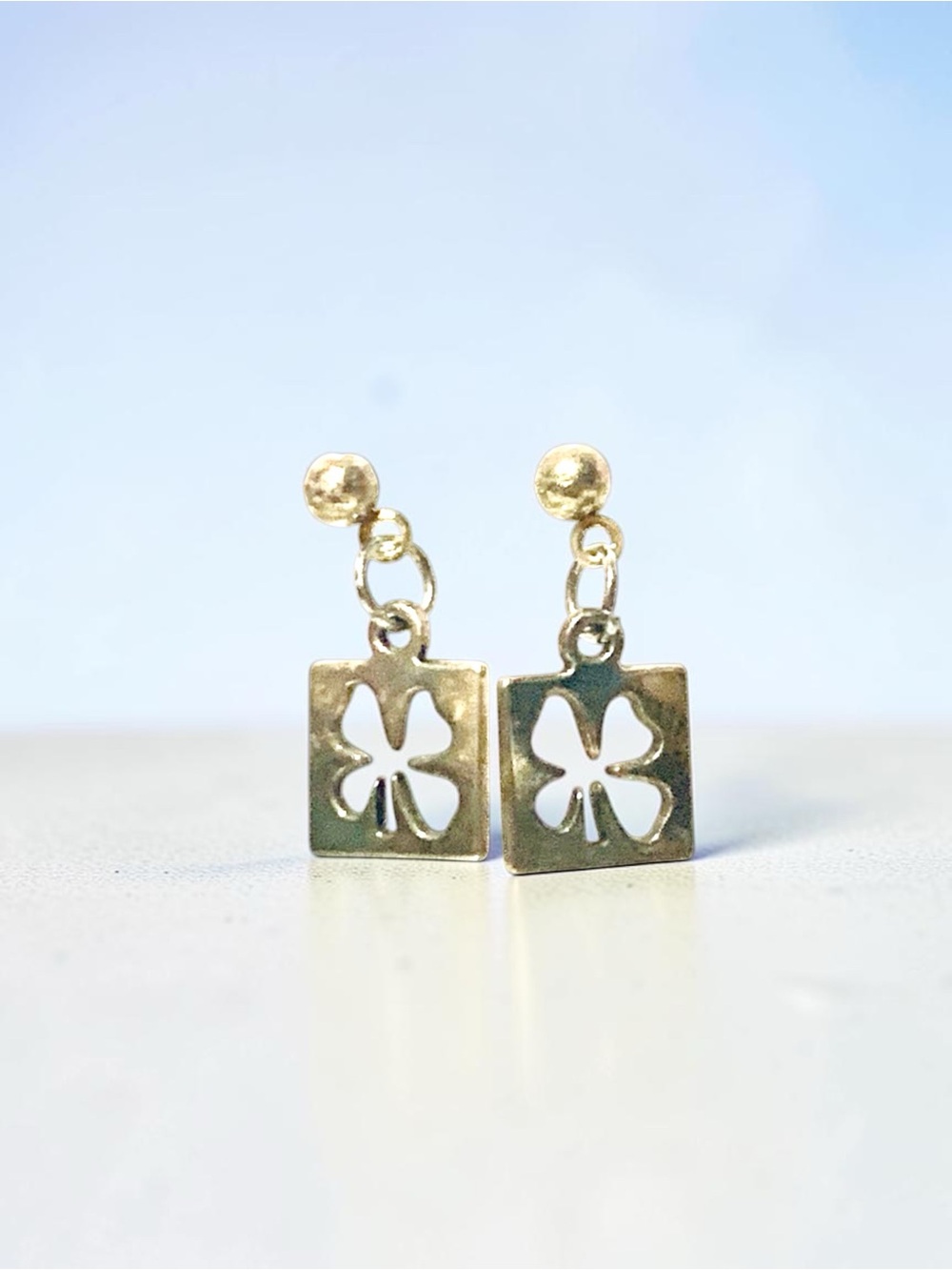Silvertone Square four leaf Clover Cutout Drop Earrings handmade